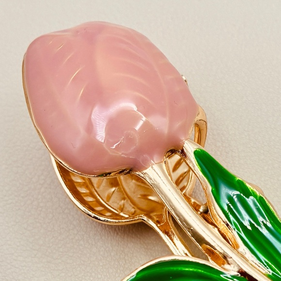 Hand Painted Enameled Pink Tulip Green Leaves Floral Gold Hair Clip - Picture 3 of 6